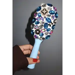 Mavi Renk Taş Ve İnci Detaylı Saç Tarama Fırçası/ Tarak