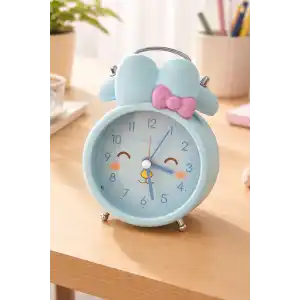 Mavi Renk Tavşan Figürlü Mini Dekoratif Işıklı Alarmlı Yuvarlak Masa Saati