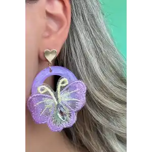 Mor Renk Kelebek Figürlü Kalp Detaylı Küpe (Çift)