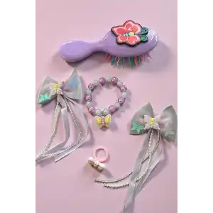 Mor Renk Kelebek Figürlü Tarak /Bileklik /Yüzük Ve Toka Set