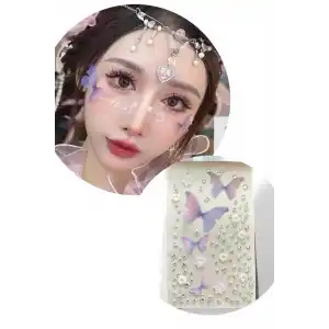Mor Renk Kelebek Figürlü Taş Detaylı Yüz Taşı/ Yapışkanlı Taşlı Yüz Sticker