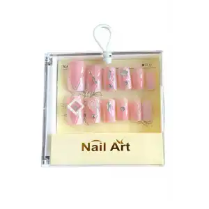 Pembe Renk 12li Taş Detaylı Takma Tırnak Set (Yapıştırıcılı)