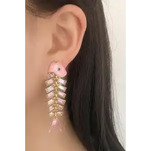 Pembe Renk Balık Figürlü Taş Detaylı Küpe (Çift)