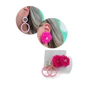 Pembe Renk Çiçek Figürlü Küpe Set