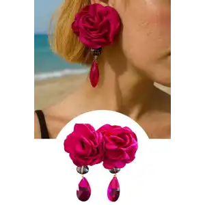 Pembe Renk Gül Figürlü Taş Detaylı Tasarım Küpe (Çift)