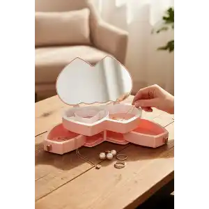 Pembe Renk Kalp Figürlü Aynalı Çekmeceli Takı Organizeri