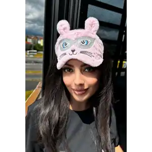 Pembe Renk Kedi Figürlü Peluş Uyku Bandı