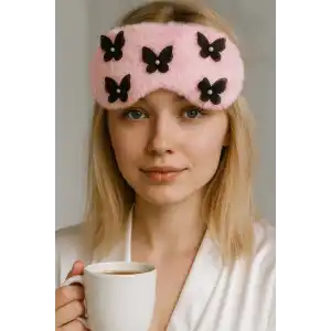 Pembe Renk Kelebek Figürlü İnci Detaylı Peluş Uyku Bandı