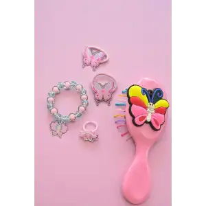 Pembe Renk Kelebek Figürlü Tarak /Bileklik /Yüzük Ve Toka Set