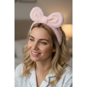 Pembe Renk Kulak Detaylı Peluş Saç Bandı