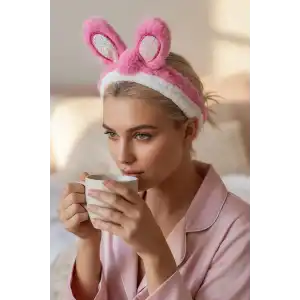 Pembe Renk Kulak Detaylı Peluş Saç Bandı