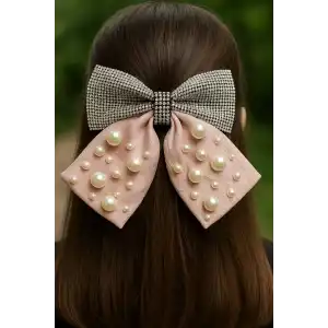 Pembe Renk Kurdele Figürlü İnci Ve Taş Detaylı Otomat Toka