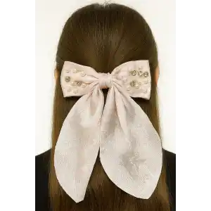 Pembe Renk Kurdele Figürlü İnci Ve Taş Detaylı Otomat Toka