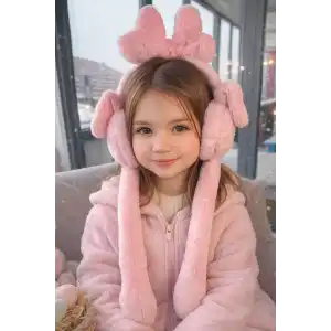 Pembe Renk Kurdele Figürlü Kulakları Oynayan Peluş Kulaklık