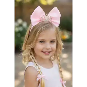 Pembe Renk Kurdele Figürlü Örgü Detaylı Çocuk Taç
