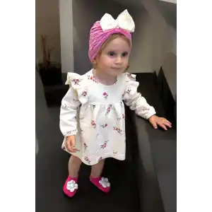 Pembe Renk Kurdele Ve Çiçek Detaylı Çocuk Saç Bonesi Ve Çorap Set