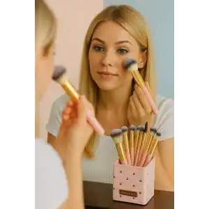 Pembe Renk Profesyonel 13lü Standlı Makyaj Fırça Seti