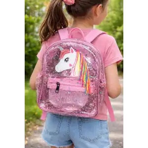 Pembe Renk Şeffaf Unicorn Figürlü Çocuk Sırt Çantası