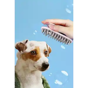 Pembe Renk Silikon Dişli Şampuan Hazneli Evcil Hayvan Banyo Fırçası