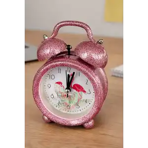 Pembe Renk Simli Mini Dekoratif Işıklı Alarmlı Yuvarlak Masa Saati