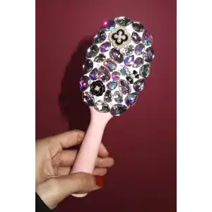 Pembe Renk Taş Ve İnci Detaylı Saç Tarama Fırçası/ Tarak