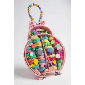 Pembe Renk Uğur Böceği Figürlü Boncuklu Çantalı Toka Seti