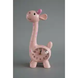 Pembe Renk Zürafa Figürlü Dekoratif Alarmlı Masa Saati