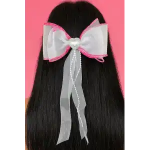 Pembe Ve Beyaz Renk Kalp Figürlü İnci Detaylı Kurdele Otomat Toka