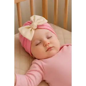 Pembe Ve Krem Renk Kurdele Figürlü Bebek Saç Bonesi
