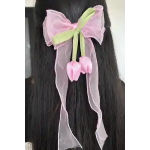 Pembe Ve Yeşil Renk Kurdele Detaylı Lale Figürlü Otomat Toka