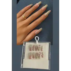 Pembe Ve Yeşil Renk Kurdele Figürlü Jel Tırnak Görünümlü 10lu Takma Tınak Set (Yapıştırıcılı)