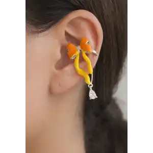 Sarı Ve Turuncu Renk Kurdele Figürlü 14K Altın Kaplama TX Ear Cuff (Tek)