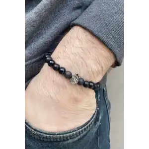 Siyah Renk Aslan Figürlü Boncuk Detaylı Erkek Bileklik