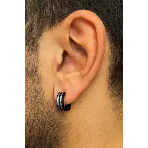 Siyah Renk Çizgi Detaylı Erkek Çelik Küpe (Çift)