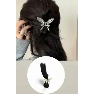 Siyah Renk Dağınık Topuz Efektli Saç Eklentisi Kelebek Figürlü Mandal Toka