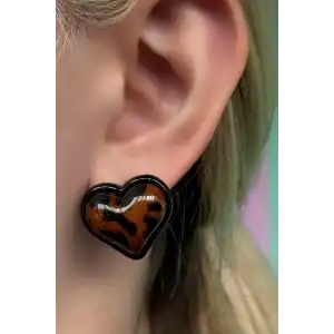 Siyah Renk Kalp Figürlü Leopar Desenli Küpe (Çift)