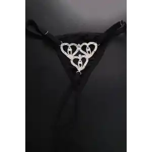 Siyah Renk Kalp Figürlü Taş Detaylı Tanga