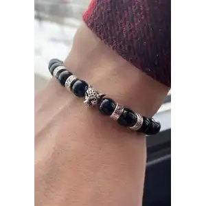 Siyah Renk Kaplan Figürlü Boncuk Erkek Bileklik
