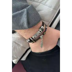 Siyah Renk Karışık Figürlü Erkek Deri Bileklik