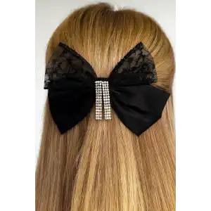 Siyah Renk Kurdele Figürlü Taş Detaylı Otomat Toka