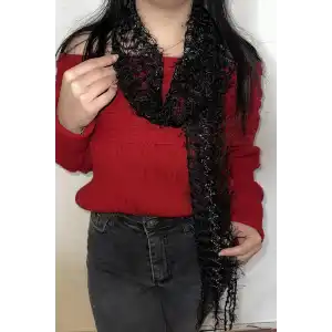 Siyah Renk Örgü Detaylı Şal