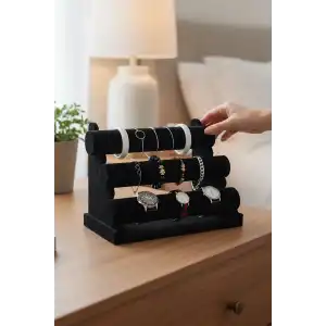 Siyah Renk Üç Katlı Süet Saat/Bileklik Takı Standı