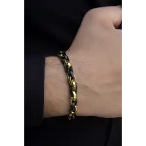 Siyah Ve Altın Renk Zincir Detaylı Çelik Erkek Bileklik