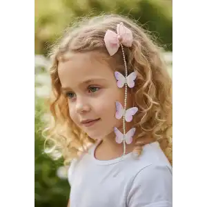 Somon Renk Kelebek Figürlü İnci Detaylı Çocuk Yan Toka