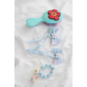 Turkuaz Renk Çocuk Tarak,Bileklik,Yüzük Ve Toka Set