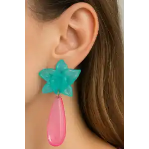 Turkuaz Ve Pembe Renk Çiçek Figürlü Tasarım Küpe (Çift)