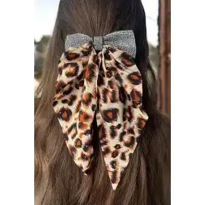 Turuncu Renk Leopar Desenli Taş Detaylı Otomat Toka