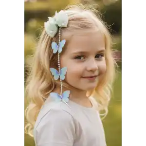 Yeşil Renk Kelebek Figürlü İnci Detaylı Çocuk Yan Toka