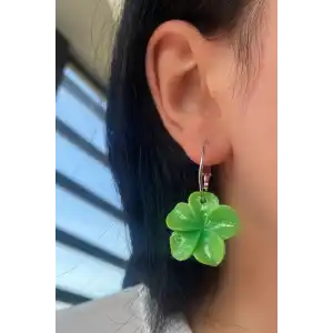 Yeşil Renk Sallantılı Lotus Küpe (Çift)