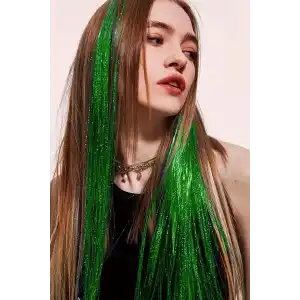 Yeşil Renk Simli Yan Postiş Hair Tinsel Shiny Hair (50 Cm)